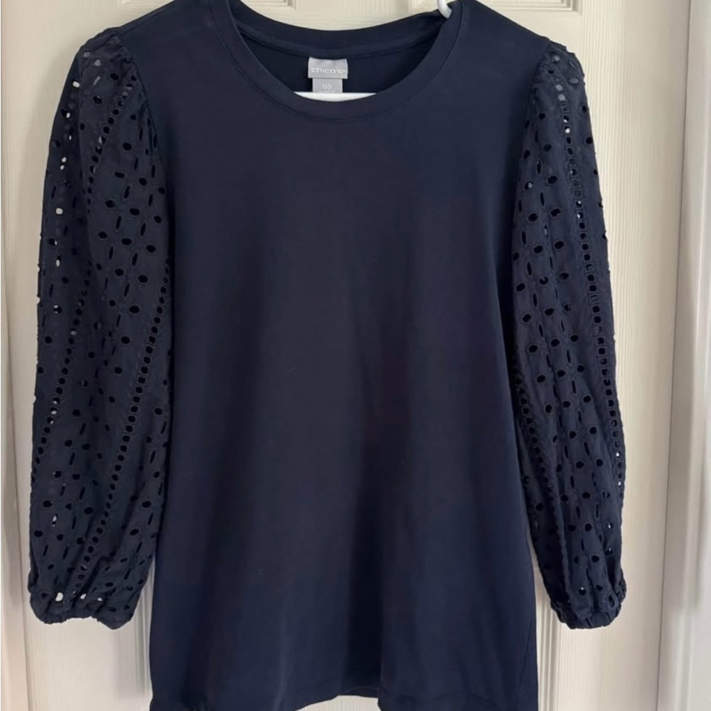 Chico's Blue and White Puff Sleeve Blouse